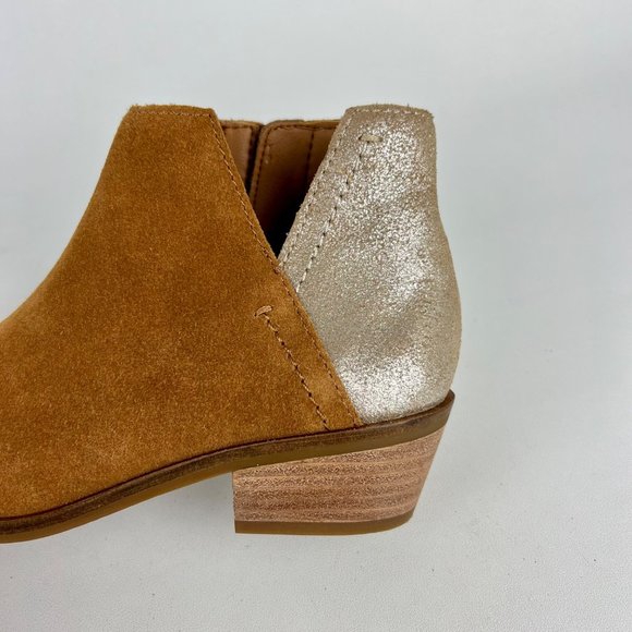 Frye Caden Womens Suede Notched Ankle Bootie Cognac Tan Metallic Heel size 6 - Picture 12 of 16